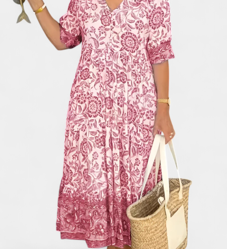 Elcira Bohemian Floral Dress with V-Neck and Ruffles
