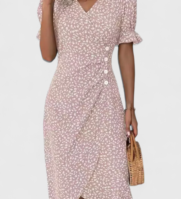 Joana Floral Midi Dress with V-Neck and Short Sleeves