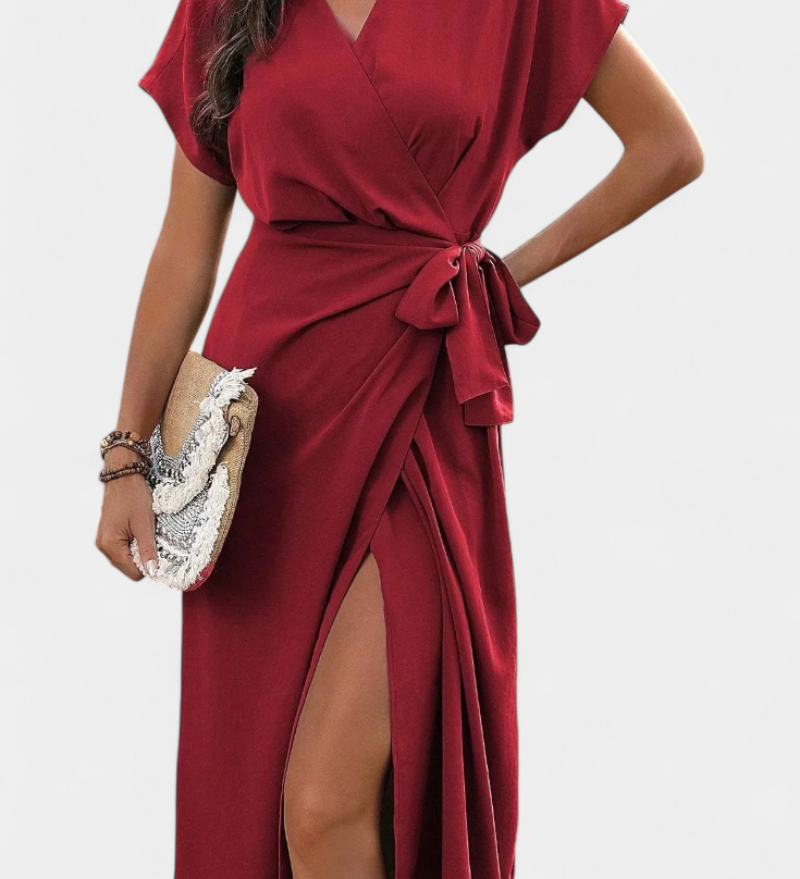 Begoña Crossed Dress with Belt and Subtle Slit