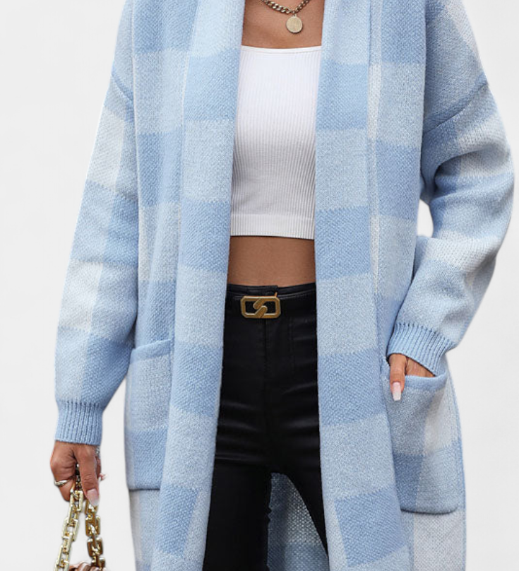 Lovella Checked Casual Cardigan with Pockets