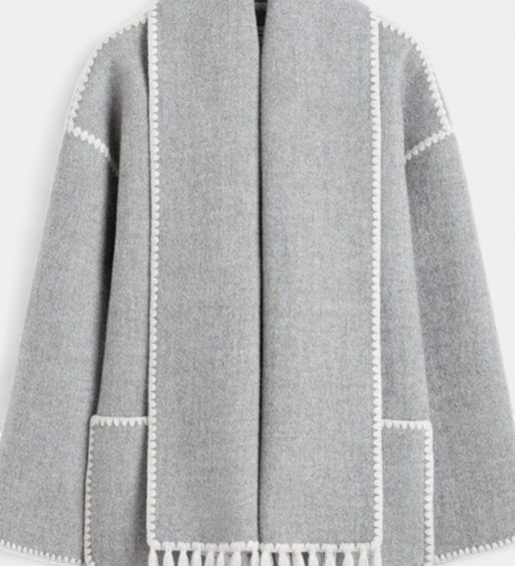 Pauline Loose-Fit Coat with Integrated Fringed Scarf