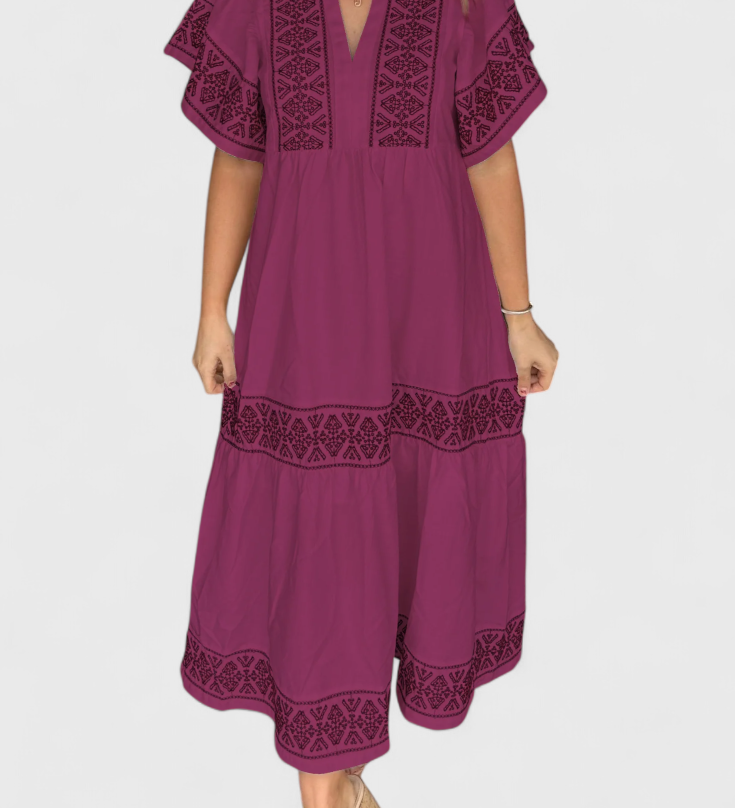 Allona Boho Maxi Dress with V-Neck and Relaxed Fit