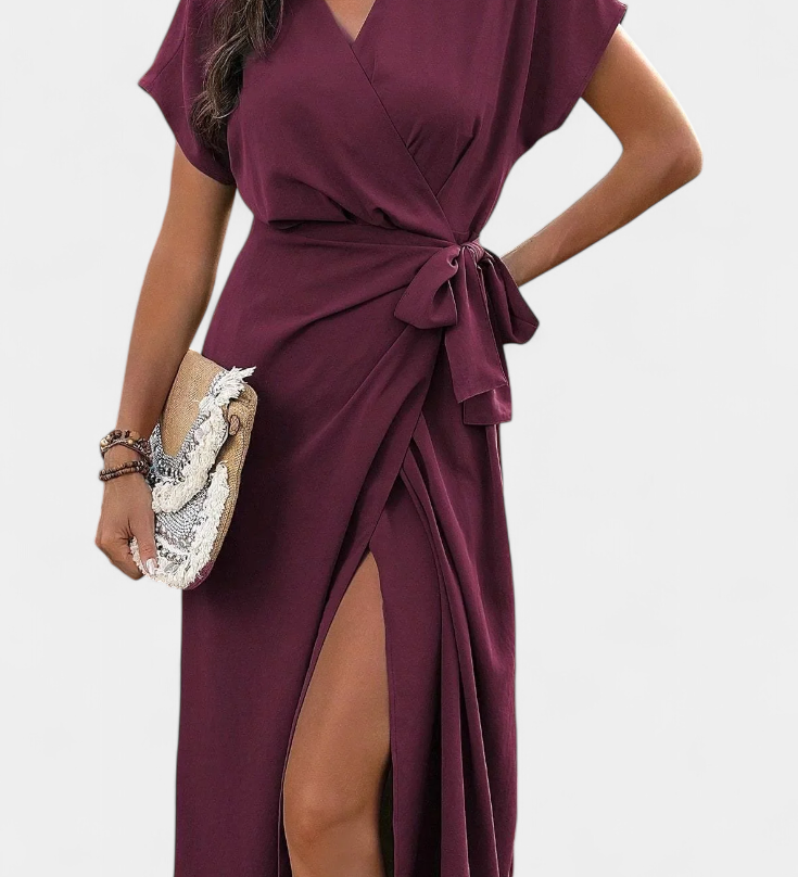 Begoña Crossed Dress with Belt and Subtle Slit