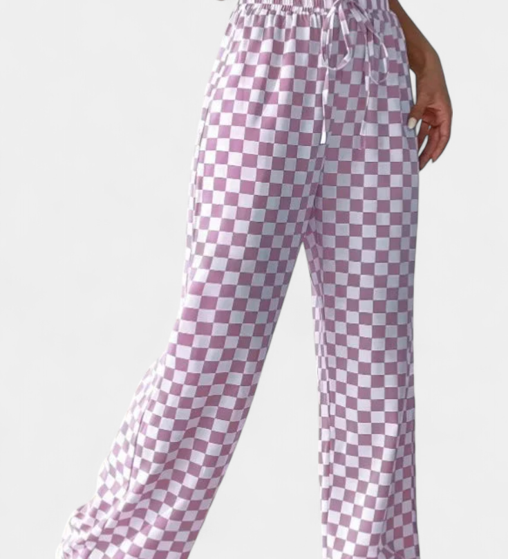 Hilaria Wide Leg Trousers with Check Print