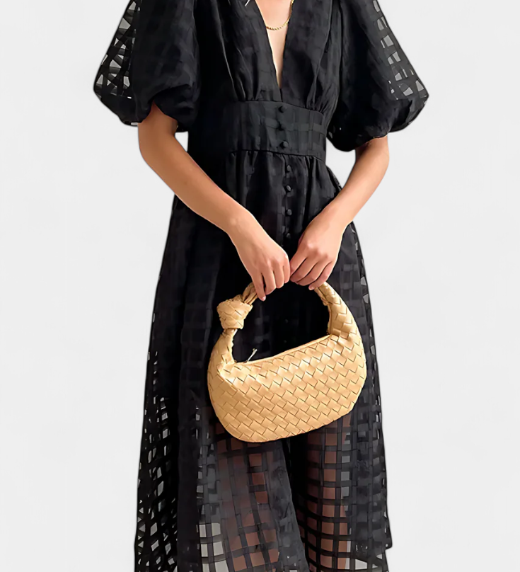 Midi Dress with Puff Sleeves in Marigold with Check Pattern