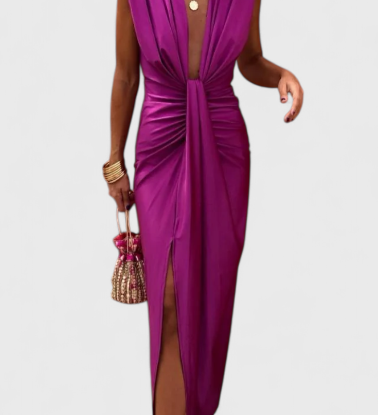 Lakisha Midi Dress with Pleats and Deep V-Neck