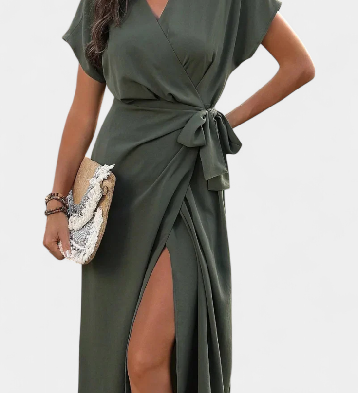 Begoña Crossed Dress with Belt and Subtle Slit