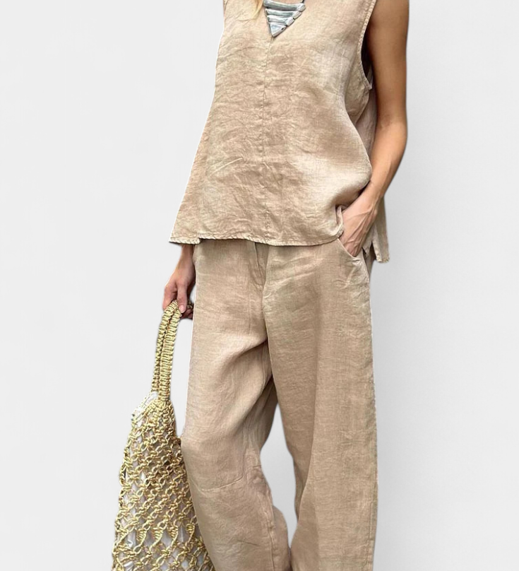 Leona Sleeveless Waistcoat and Trouser Set in Cotton Linen