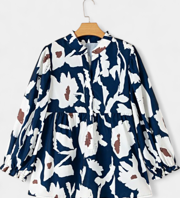 Filomena Blouse with Half Button Placket and Puff Sleeves in Abstract Floral Print