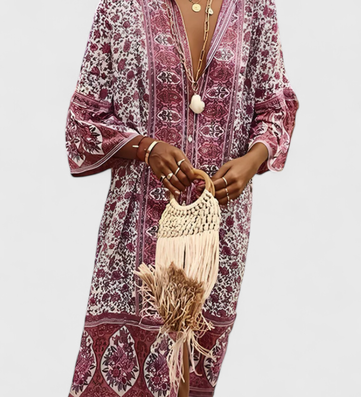 Chinara Boho Long Dress with Ethnic Embroidery and Relaxed Silhouette