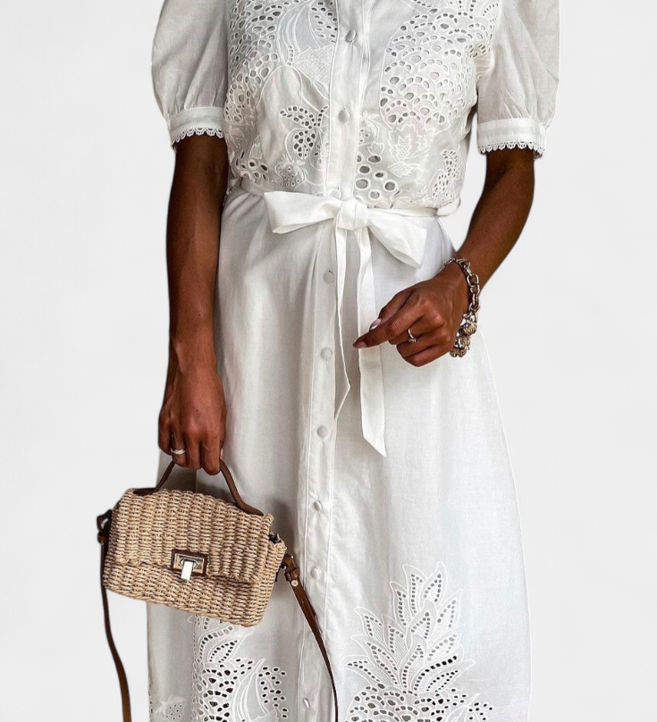 Embroidered Nerea Shirt Dress with Belt and Puff Sleeves