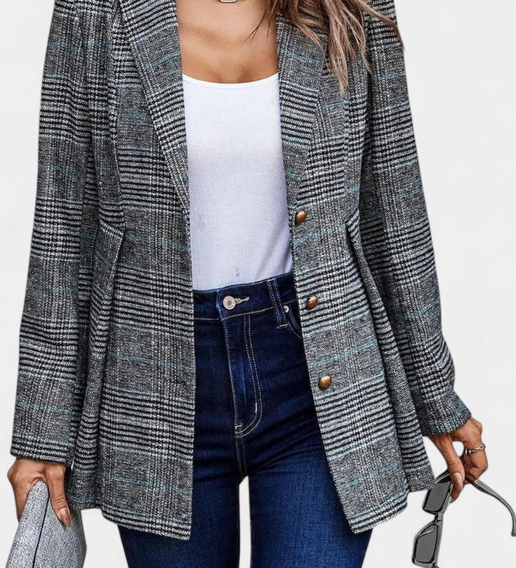 Check Peplum Calico Blazer with Notch Lapel