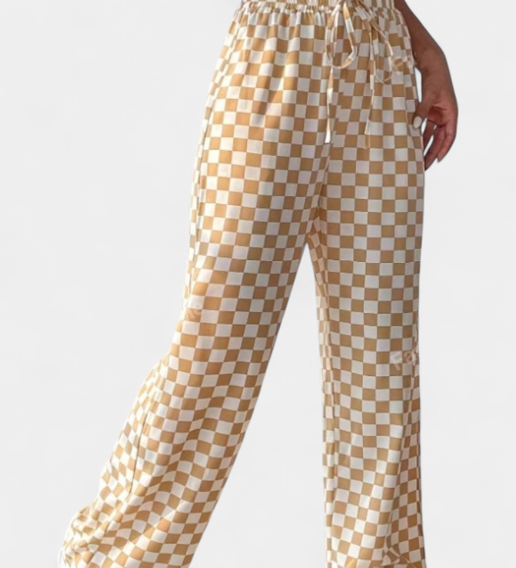 Hilaria Wide Leg Trousers with Check Print