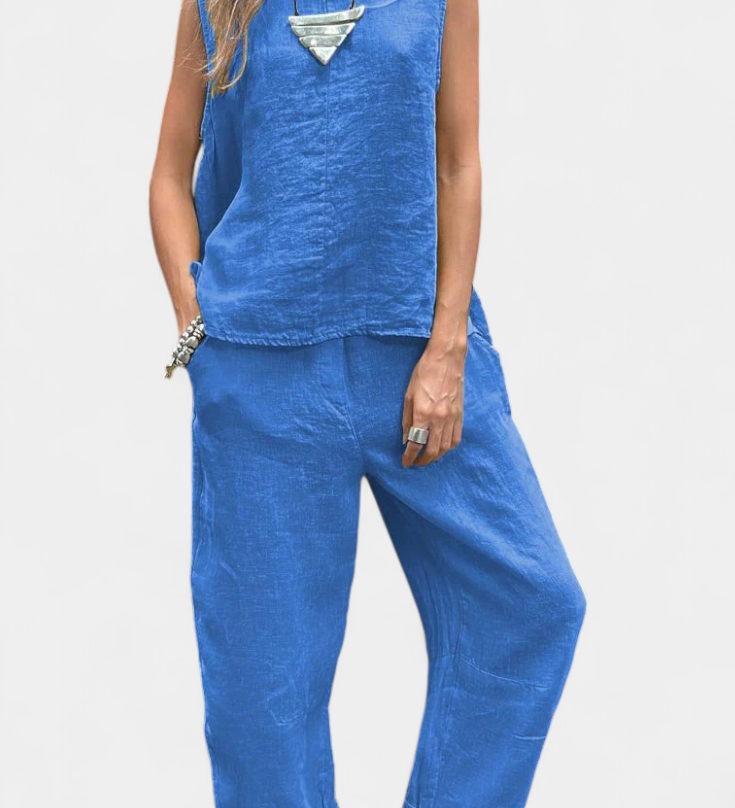 Leona Sleeveless Waistcoat and Trouser Set in Cotton Linen