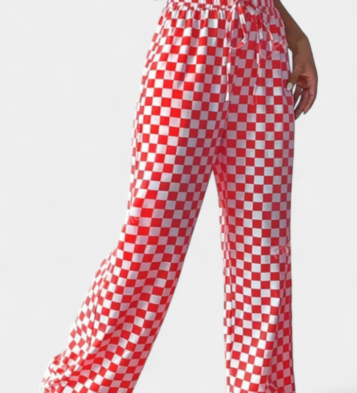 Hilaria Wide Leg Trousers with Check Print