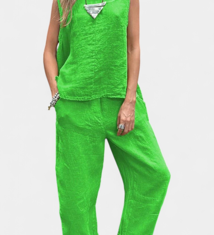 Leona Sleeveless Waistcoat and Trouser Set in Cotton Linen