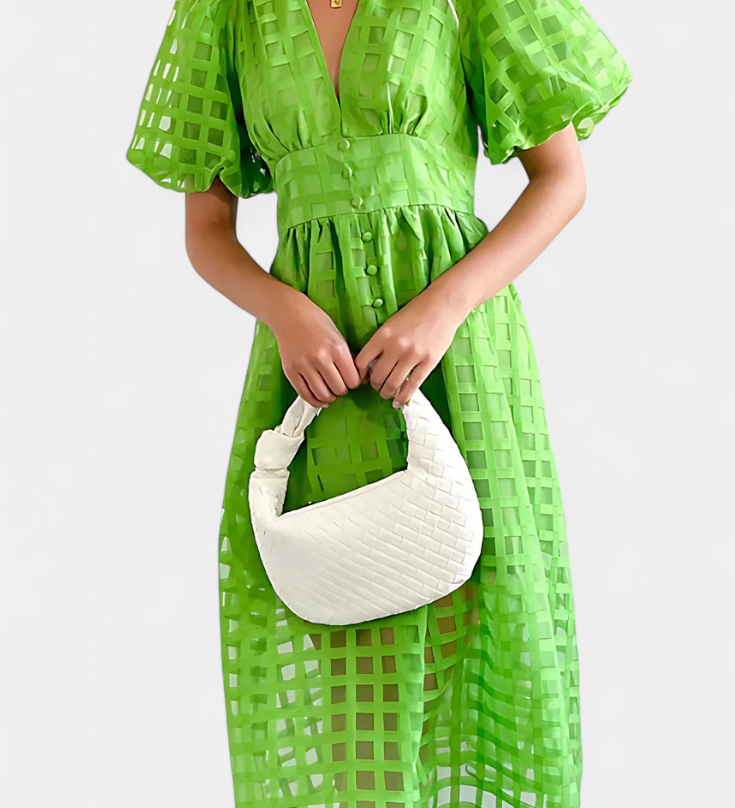 Midi Dress with Puff Sleeves in Marigold with Check Pattern