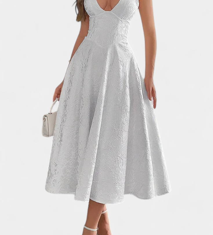 Gilda Jacquard Midi Dress with Open Back and High Waist
