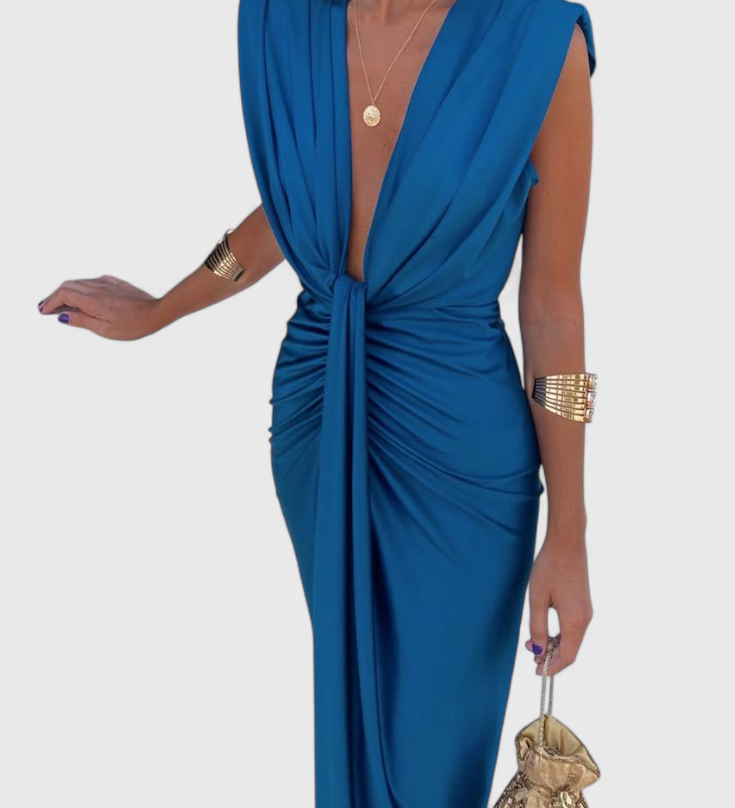 Lakisha Midi Dress with Pleats and Deep V-Neck