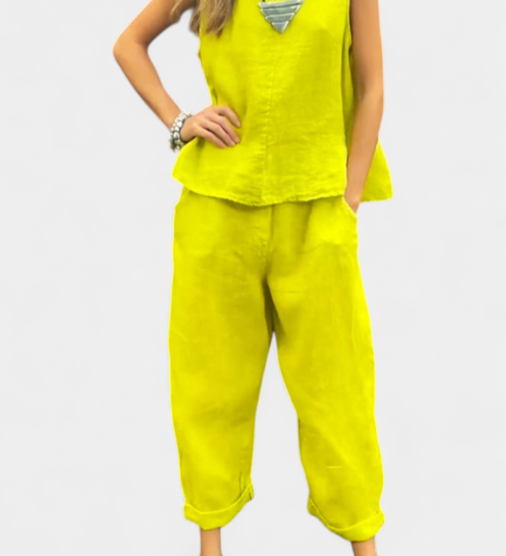 Leona Sleeveless Waistcoat and Trouser Set in Cotton Linen