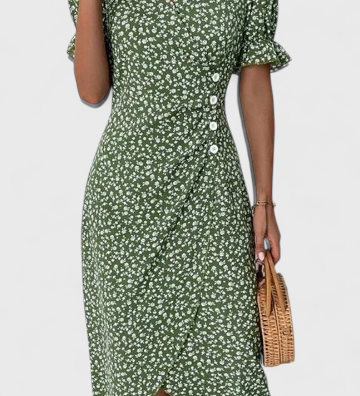 Joana Floral Midi Dress with V-Neck and Short Sleeves