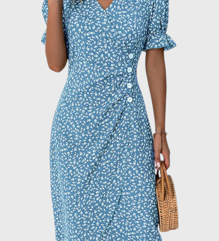 Joana Floral Midi Dress with V-Neck and Short Sleeves