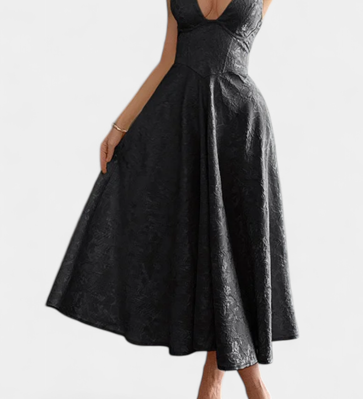 Gilda Jacquard Midi Dress with Open Back and High Waist