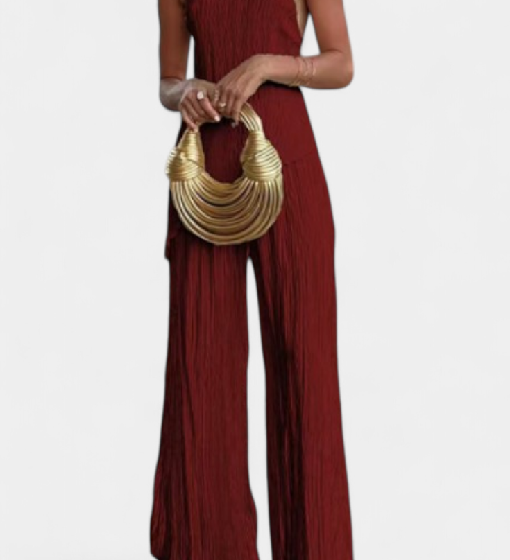 Pilarica Elegant Pleated Asymmetrical Top and Fluid Trouser Set