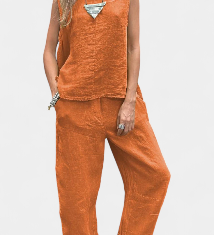 Leona Sleeveless Waistcoat and Trouser Set in Cotton Linen