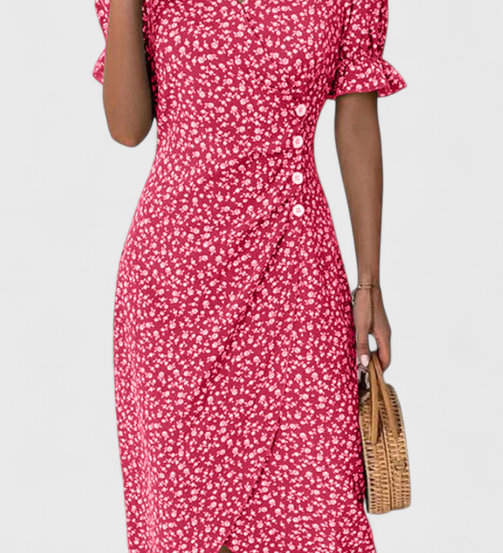 Joana Floral Midi Dress with V-Neck and Short Sleeves