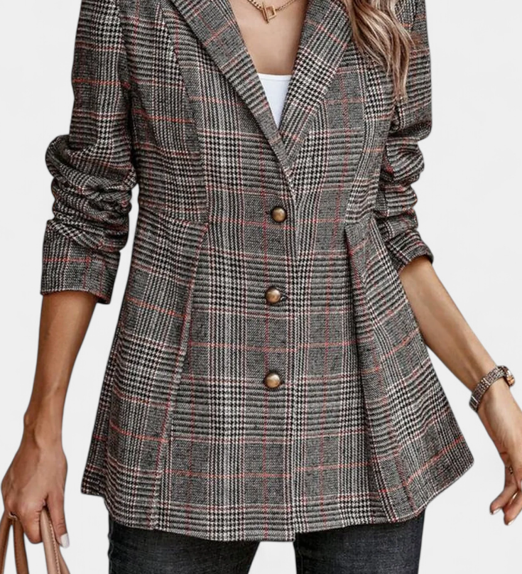 Check Peplum Calico Blazer with Notch Lapel