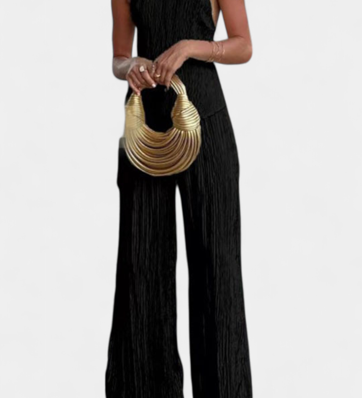 Pilarica Elegant Pleated Asymmetrical Top and Fluid Trouser Set
