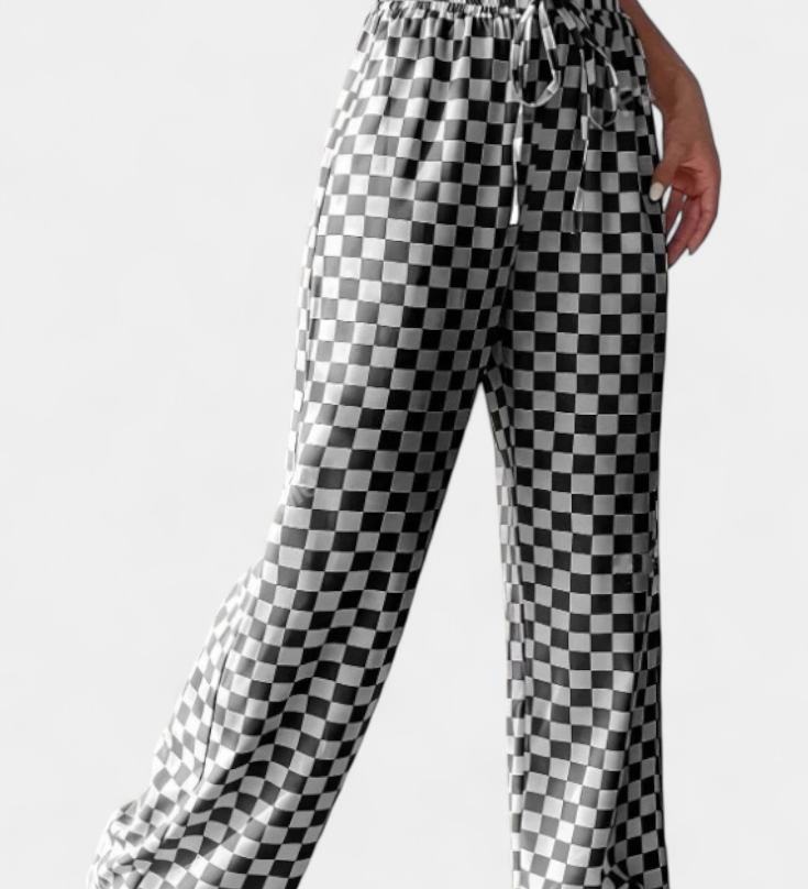 Hilaria Wide Leg Trousers with Check Print