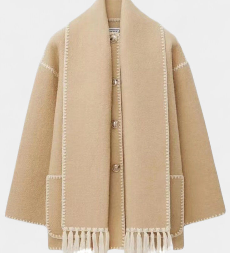 Pauline Loose-Fit Coat with Integrated Fringed Scarf