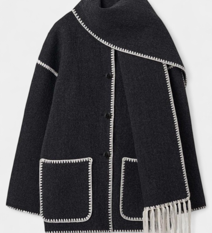 Pauline Loose-Fit Coat with Integrated Fringed Scarf