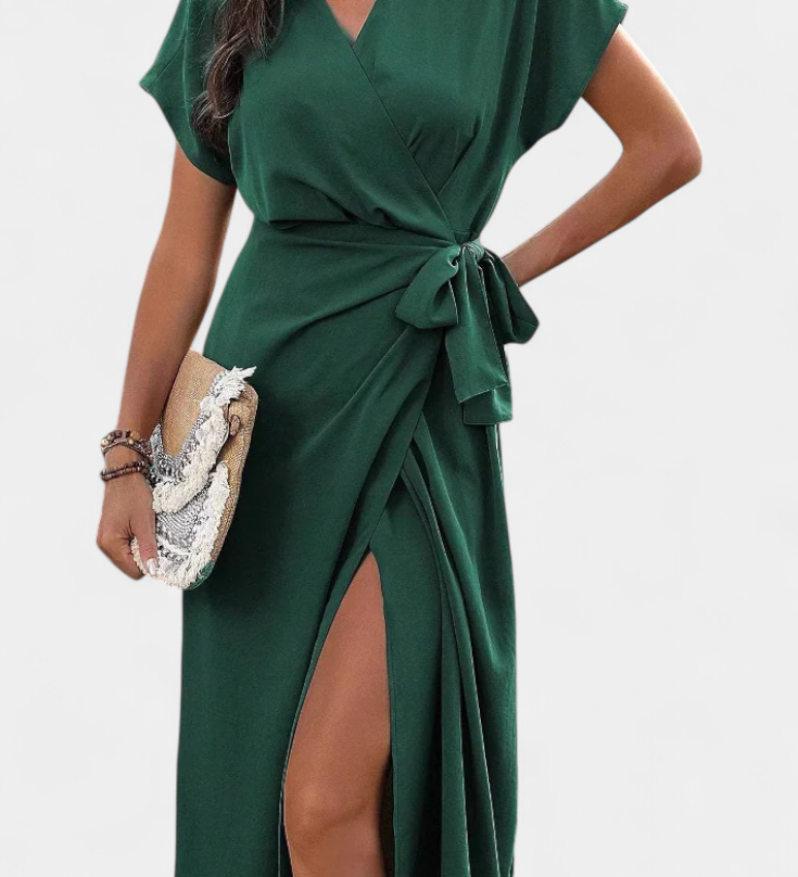 Begoña Crossed Dress with Belt and Subtle Slit