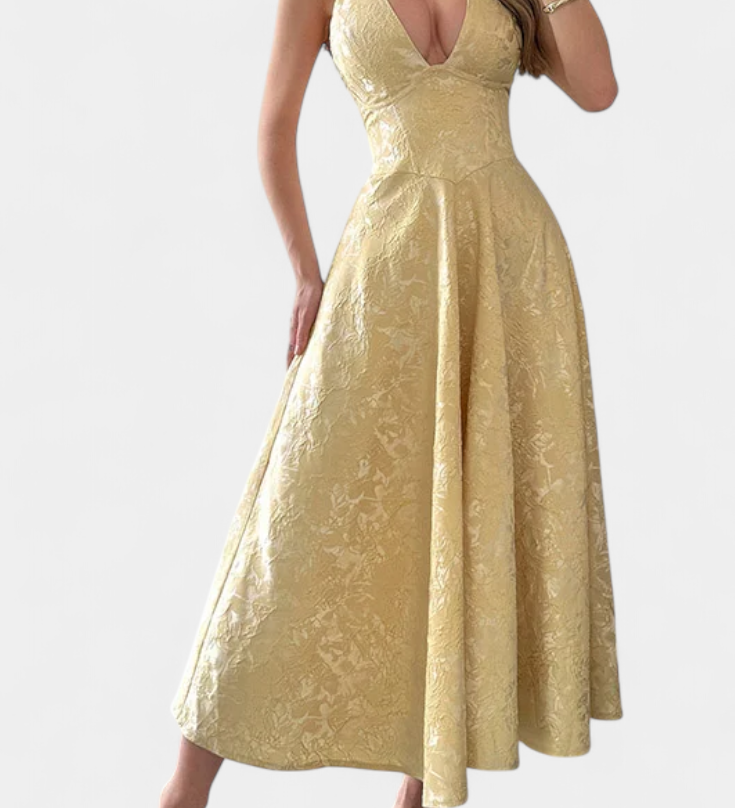 Gilda Jacquard Midi Dress with Open Back and High Waist