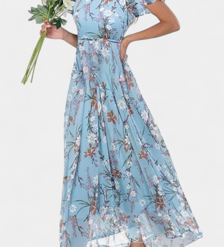 Amara Floral Maxi Dress with V-Neck and Ruffled Sleeves