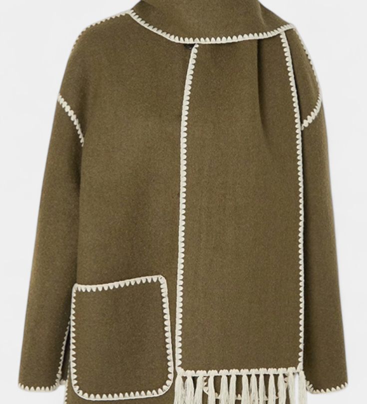 Pauline Loose-Fit Coat with Integrated Fringed Scarf