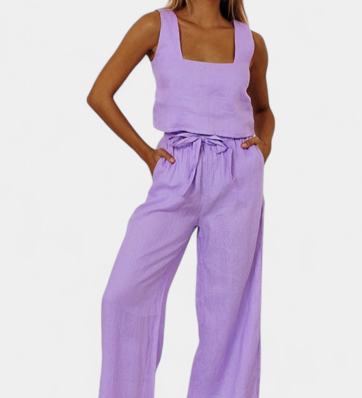 Pascuala Two-Piece Linen Set with Sleeveless Blouse and Flowing Trousers