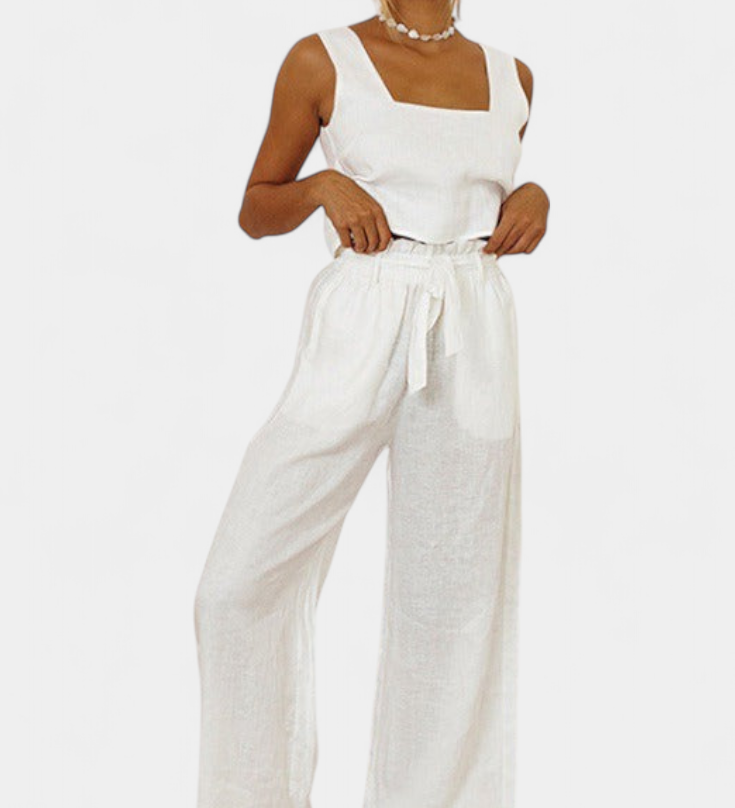 Pascuala Two-Piece Linen Set with Sleeveless Blouse and Flowing Trousers