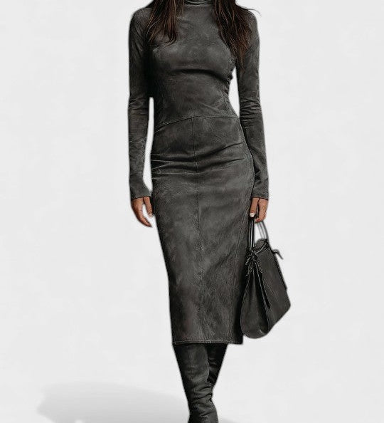 Renata™ | Leather Dress with Long Sleeves and Fitted Cut
