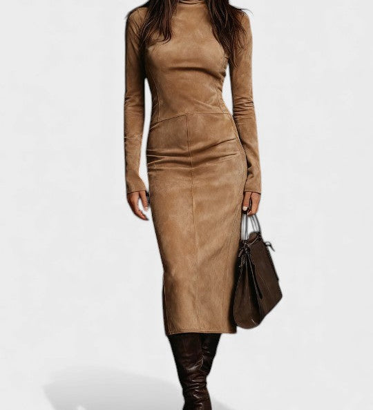 Renata™ | Leather Dress with Long Sleeves and Fitted Cut