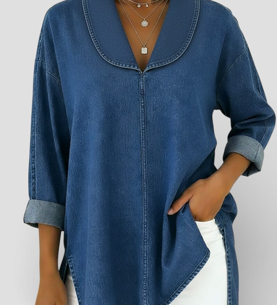 Alicia™ | Retro Denim Blouse with Shawl Collar