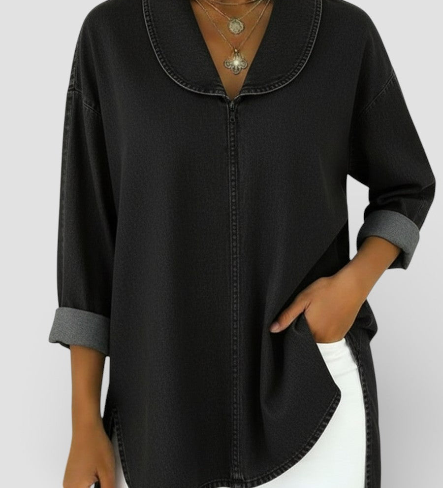 Alicia™ | Retro Denim Blouse with Shawl Collar